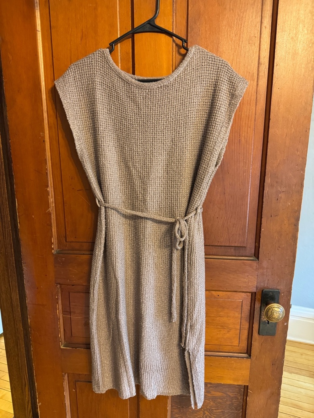 Sleeve Cap Waffle-Knit Midi Dress with Tie Belt in Taupe